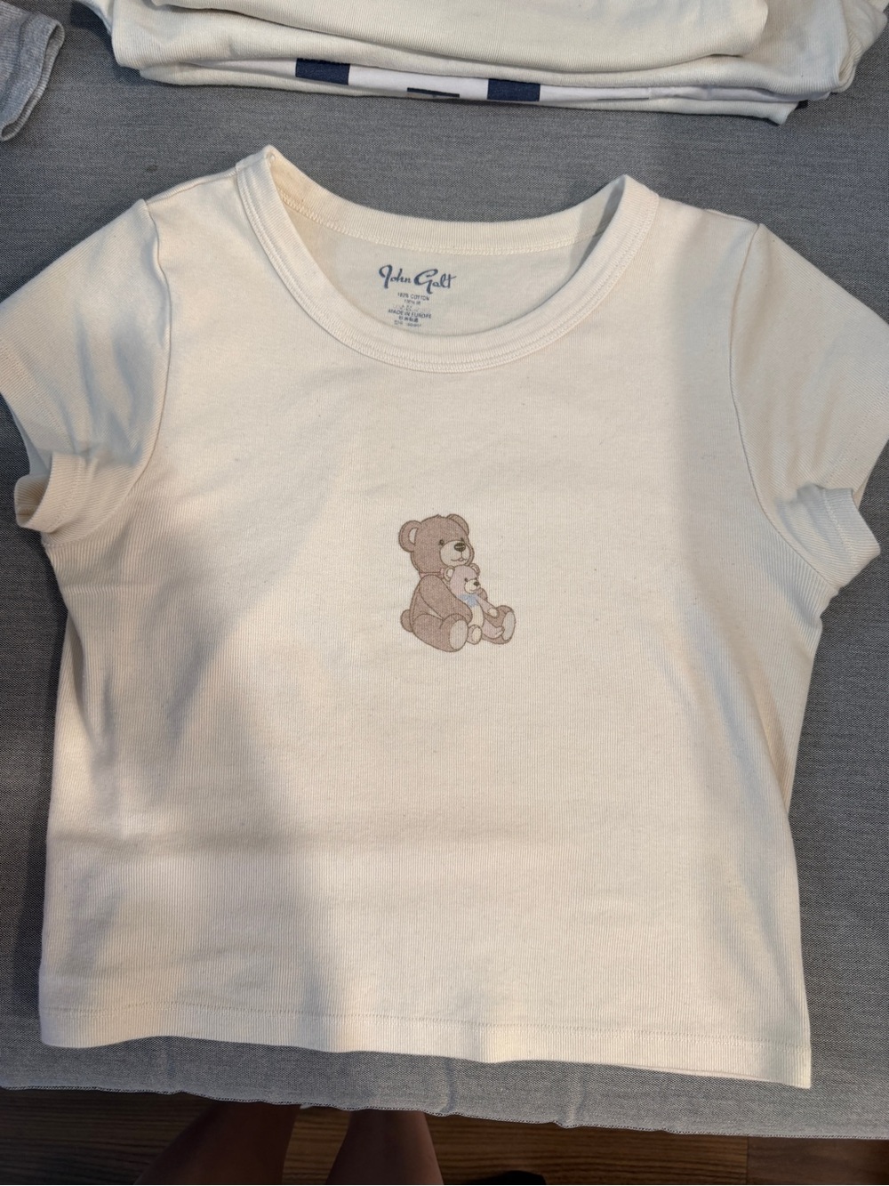 Brandy Melville Cream Short Sleeve Tee with Teddy Bear Graphic